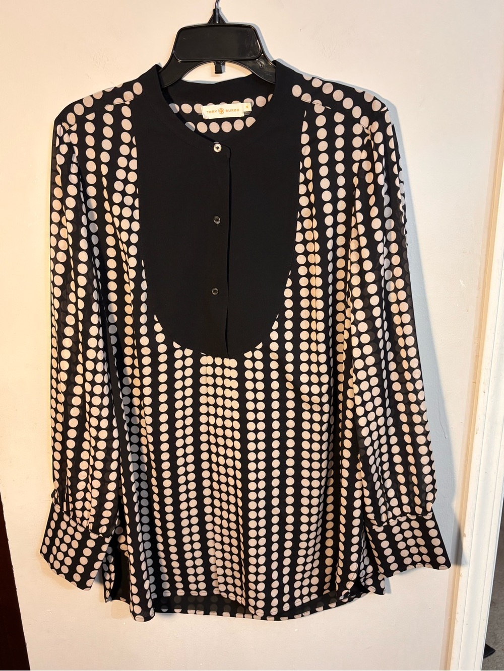 Tory Burch Silk Polka Dot Bib Blouse Womens 14 Black